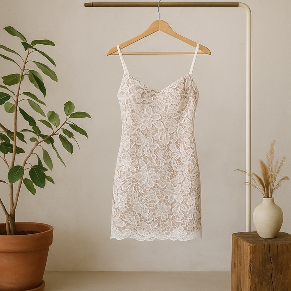 Guess Sleeveless White Floral Lace Bodycon Mini Dress Spaghetti Strap Tan Slip S - Picture 1 of 11
